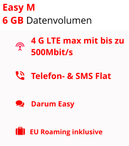 4 G LTE max mit bis zu 500Mbit/s Telefon- & SMS Flat  Darum Easy EU Roaming inklusive Easy M 6 GB Datenvolumen